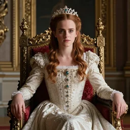 emma watson as the queen of england sitting on her throne in a palace