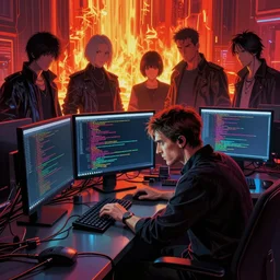 dark cyberpunk man coding, a lot of cables around, by francis bacon, by ayami kojima, by amano, by karol bak, greg hildebrandt, by mark brooks, by alex grey, by zdzisław beksinski, by takato yamamoto, radiant colors, ultra detailed, high resolution, wrapped thermal background