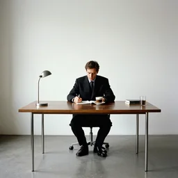 man in desk with coffee and black suit by leyendecker and dean cornwell, 8 feet from the camera, 6 0 ´ s bauhaus furniture