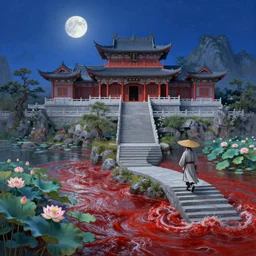 a gorgeous landscape painting by barlowe wayne maxfield parrish and marco mazzoni. chinese temple. drak blue night sky. just one winter moon!! just one lonely chinese wuxia with bamboo hat walks on the winding steps. blooming lotus lake!! ultra clear detailed. 3 d, octane render. turbulent blood lake.