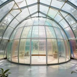 A photograph of the interior of a geodesic glass house, the house’s glass ceilings and glass walls are draped in translucent multicolored mesh tarps, the house glows with daylight, volumetric lighting, grasses and bushes, sweet acacia trees, mesquite trees in background, contemporary living room furniture and plants, ultra wide shot, unreal engine 5, megascans, photorealistic