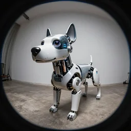 Fisheye lens photograph of a cybernetic digital dog