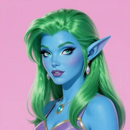 Elf with blue skin, blue elf, blue, blue-skinned elf, green hair, glam hair, 80s hair, glam make-up, 80s, illustration, fantasy art, trending on ArtStation, 1980s fantasy art
