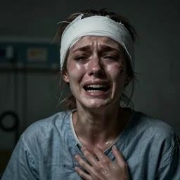a portrait of a female mental asylum hospital patient ripped with pain and anguish and expression, crying, torn, extreme sadness, hopeless, bandaged head, very dark, depressing, grim, moody, atmospheric lighting, cinematic lighting, by nicola samori