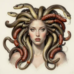 portrait of medusa with long thin sausages instead of snakes, sausage hair, painting, illustration, intricate details, masterpiece, digital art, trending on artstation