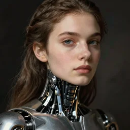 close - up portrait of beautiful young woman with cybernetic dress, art by caravaggio