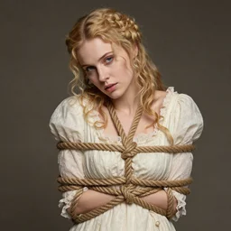 portrait, a girl in a blonde woman dress, strangled with a rope, victorian style, high detail