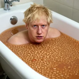 Boris Johnson bathing in a bath filled with baked beans