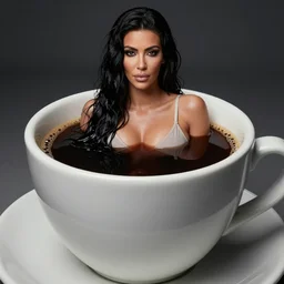 Kim Kardashian bathing in a giant cup of coffee, highly detailed, cinematic, award winning, studio lighting