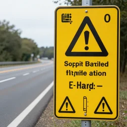 a warning sign at the side of the road with detailed text about an upcoming hazard with several harsh warning symbols