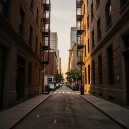 alleyway view of metropolis, golden hour