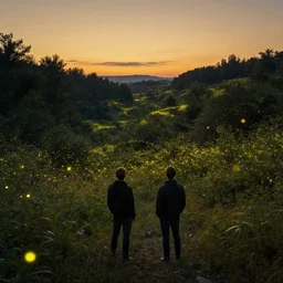 symmetry!! they stared at the fireflies as they filled the scenery, surreal landscape, golden hour, very detailed, perfect composition, perfect lighting, 4 k, trending on artstation, greg rutkowski, derek zabrocki, artgerm, chuck close