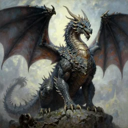 A majestic colossal gothic dragon, by Ralph McQuarrie, by Hal Foster, by Wayne Barlowe, masterpiece, oil on canvas, trending on artstation, top on pixiv, cinematic composition, dramatic scene, beautiful lighting, sharp, high details, astrophotography, no frames, 8K
