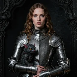 very beautiful portrait of christine turlington as princess of the dark tattoo world, 1 0 small magical monster in her arms at the front, by jan van eyck, frederic leighton, mysticism, intricate, highly ornate dark silvery trim armoury