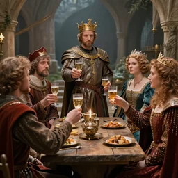 medieval toast with king, queen and guests, realistic, artstation, fantasy