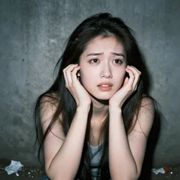 A young woman, long hair, fear, left ear, left hand, Dazzling flash light, dirty Concrete wall, dust, trash ; basement , night; 90's professional color photograph, close up, view from front.