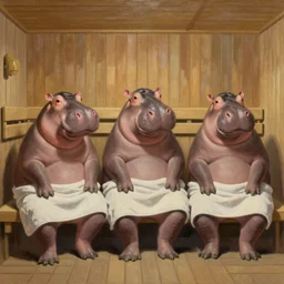 Three Hippos wearing towels sitting in a sauna, oil painting