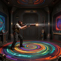 man shoots a blaster, perspective, spaceship room, details, dark room, side profile centered, by artgerm, cushart krenz, greg rutkowski, james jean. art nouveau. gloomhaven, swirly vibrant ripples, gaudy colors, sharp edges. ultra clear detailed. 8 k. elegant, intricate, octane render