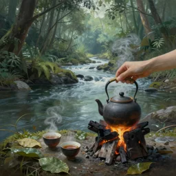 leaves Tea pot Tea kettle Chinese tea ceremony gaiwan Vast Alone River stream sound of the river Steaming tea Tea kettle boiling water Small charcoal fire Landscape near a jungle river stream drinking tea using the chinese tea ceremony Dull, Luminous, bright emphasize diagonals, diagonals perspective high quality details 3d signed painting in the art style of Victor Nizovtsev and Zdzislow Beksinski