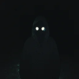 creepy shadow figure with glowing eyes, 8 mm, night, disposable film, analog, found footage