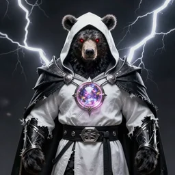 berserker bear, wearing hood and torn cape, red glowing eyes, wearing magic orb in neck, dark background, cinematic lightning, hyper realism, centered, white and black clothing, black hair, exquisite detail, 4k
