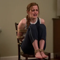 emma watson in distress, full body visible, tied with a chair, emma is crying and angry, she is unable to escape, hyperrealistic, 4 k