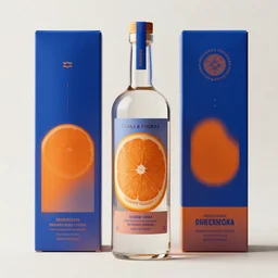 orange flavored vodka package designs, blue and orange colour, modern design, bottle and label, front view