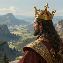 close up over the shoulder of a powerful king looking to the very distant horizon full of montains and valleys. intricate, elegant, highly detailed, digital painting, artstation, concept art, sharp focus, illustration, by justin gerard and artgerm, 8 k
