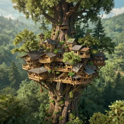 a vast treehouse city built in an ancient forest, greg rutkowski, 8 k, shallow depth of field, intricate detail, concept art,