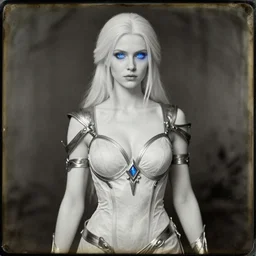 daguerreotype of beautiful 4 0 years old mesmer lady, tight robes, metallic accents, magic, white skin, blue glowing eyes, high fantasy, gw 2, highly detailed, smooth, sharp focus, by rossdraws, frank franzzeta, artgerm