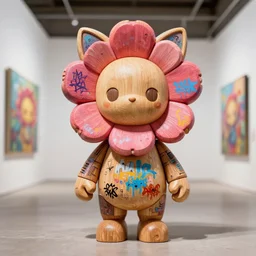 8 k octan, advertising, highly detailed, photo, a totally wooden figurine collectible art toys wooden on feet, very cute fat cyborg flowers zen with cat ears, graffiti colored cyberpunk, a contemporary art gallery, symetrical, masterpiece of art, nofinito, design