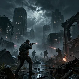 A gunfight in a gritty nocturne city, dark city ruins, fog, dark clouds, rain, poverty realistic 4k octane beautifully detailed render, 4k post-processing, highly detailed, intricate complexity, epic composition, magical atmosphere, cinematic lighting, masterpiece, ultra hd