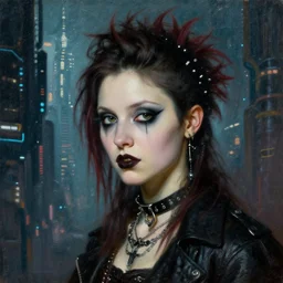close up portrait of a punk goth girl in a cyberpunk city, oil painting by canaletto hieronymus bosh leonardo da vinci piero della francesca