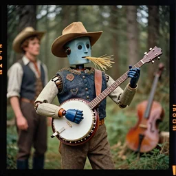 kodak portra 4 0 0, wetplate, vivid colours, blueberry, 1 9 3 0 s style, award winning photo of a country bumpkin robot playing a banjo in a forest, straw in his mouth, style of chriss foss, high detail, hyper realistic, 8 k, by georges melies and by britt marling