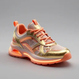 realistic 8 k sculpture of one futuristic sneaker with neon illuminated rubber soles and soft orange laces on a grey surface, clean 3 d render, beautiful studio lighting, soft, sharp focus, cyberpunk, intricate detail, gold and red filigree, soft rubber, octane render, trending on artstation, deviantart, art by iris van herpen and syd mead and mucha