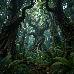fantasy, forest landscape, scary fairy tale mystical forest, vivid, detailed, high detail, concept art, beautiful, epic foliage, volumetric, fairy tale, huge scene, amazing nature, twisted creepy trees, artwork trees, magical jungle, trending on artstation, cinematic view