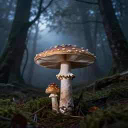 a mushroom in the spooky woods at night, fog