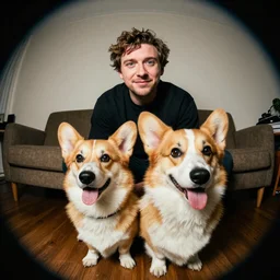 Eric Wareheim with a corgi, fisheye lense