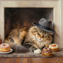 realistic painting maine coon cat wearing fedora sleeping near hearth in bakery donuts cakes