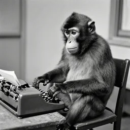 an old school black and white photo of a monkey sitting in a chair typing on a typewriter