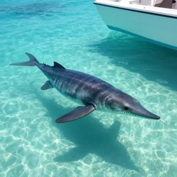 photo of a plesiosaur swimming next to boat in crystal clear tropical water