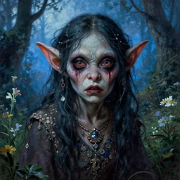 a pretty but sinister and creepy goblin in layers of fear, with haunted eyes, violence in her eyes, 1 9 7 0 s, seventies, delicate embellishments, a little blood, woodland, blue dawn light shining on wildflowers, painterly, offset printing technique, by alexandre cabanel, walter popp