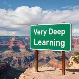 A green sign that says Very Deep Learning and is at the edge of the Grand Canyon. Puffy white clouds are in the sky.