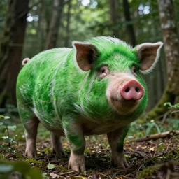 a massive, oversized pig with radioactive green skin standing in the middle of a forest clearing
