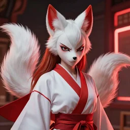 angry kitsune woman, fluent composition, red and white neon, concept art, ambient light, 4 k, intricate details, highly professionally detailed, realistic, cgsociety, highly detailed -
