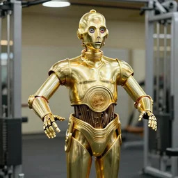 c3po working out in a gym