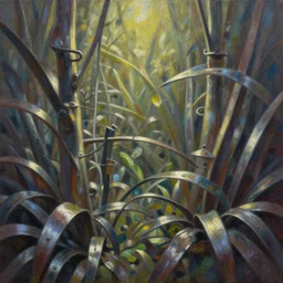 metallic garden made of metal. oil painting by award - winning comic artist. backlighting, chiaroscuro, depth of field, luminescent colors.