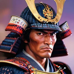 a powerful japanese samurai wearing a fury's helm, detailed face, highly detailed, face symmetry, character concept portrait by moebius and laurie greasley, colorful, profile picture, 8 k, cinematic color grading