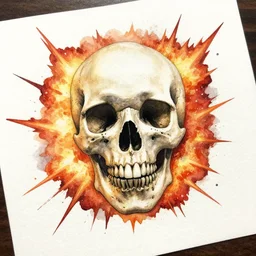 watercolor art on paper, skull with explosions all around, highly detailed, artstation, masterpiece, award - winning
