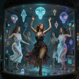 Ladies, with detailed faces, dancing in holograms of alien artifacts, electrical case display, total recall tech, ultrarealistic, dramatic lighting, electrical details, high details, 4k, 8k, best, accurate, trending on artstation, artstation, photorealism, ultrarealistic, digital painting, style of Peter Mohrbacher, Caravaggio, Boris Vallejo
